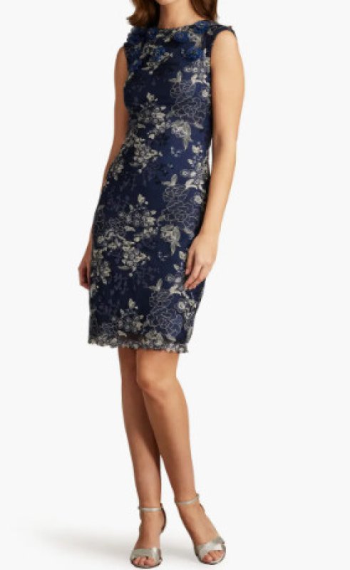 画像1: セール！Tadashi Shoji タダシショージ  Maryam 3D Floral Embroidered Dress ネイビー系 (1)