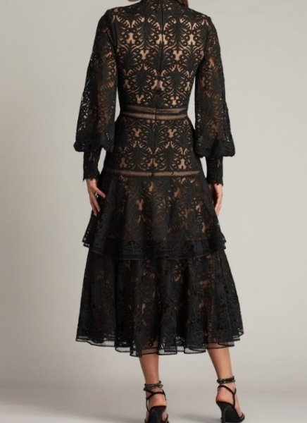 画像2: セール!Tadashi Shoji タダシショージ   QUENBY TIERED EMBROIDERED TULLE MIDI DRESS ブラック (2)