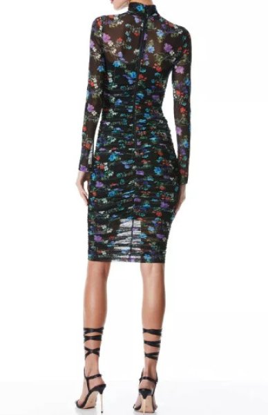 画像2: Alice + Olivia アリスアンドオリビア  DELORA FLORAL RUCHED STRETCH MESH BLACK DRESS (2)