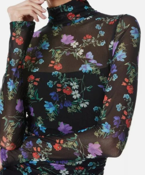 画像3: Alice + Olivia アリスアンドオリビア  DELORA FLORAL RUCHED STRETCH MESH BLACK DRESS (3)