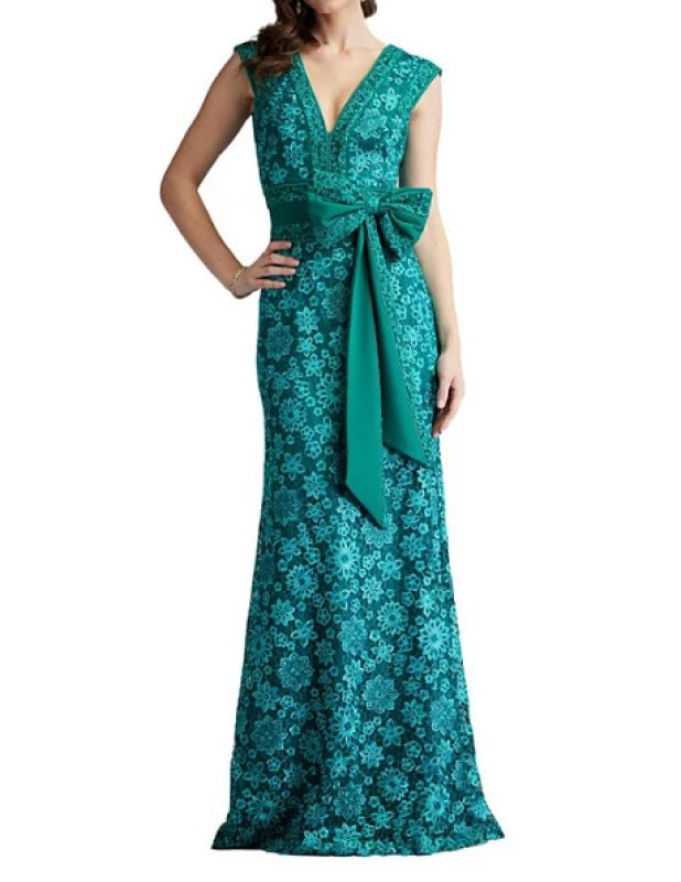 画像1:  Tadashi Shoji  タダシショージ　Esha Embroidered Waist Bow Gown グリーン系  11094 (1)