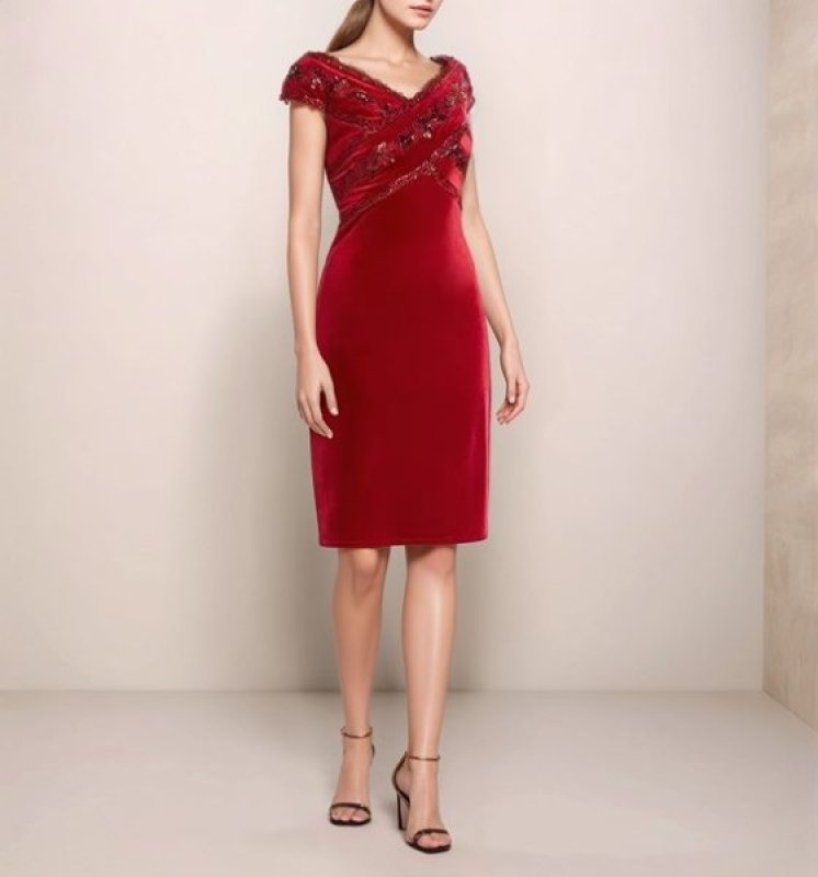 画像1: サイズ追加！Tadashi Shoji タダシショージ  スパンコール刺繍ベルベットドレス　レッド系  11071 (1)