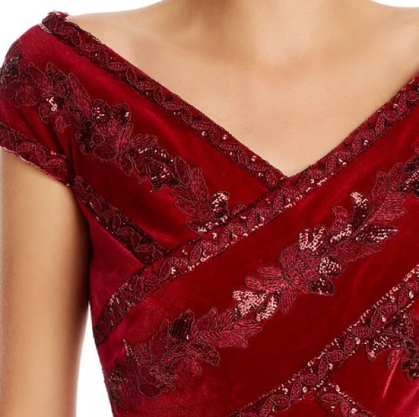 画像5: サイズ追加！Tadashi Shoji タダシショージ  スパンコール刺繍ベルベットドレス　レッド系  11071 (5)