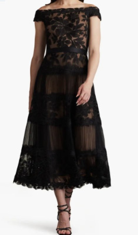 画像1: Tadashi Shoji  タダシショージ Adriane  オフショルダー花柄レースドレス　ブラック 41101 (1)