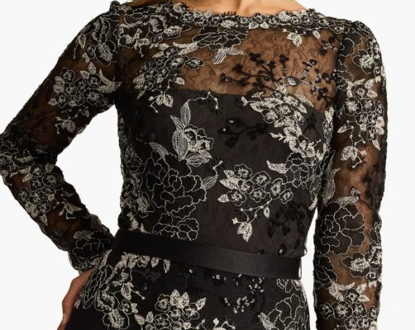 画像4:  Tadashi Shoji  タダシショージ Beacon Belted Embroidered Illusion Gown ブラック (4)