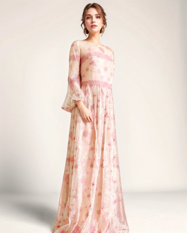 画像1: 即日発送！ Marchesa Notte マルケッサノッテ　花柄刺繍レースロングドレス　ピンク系  52301 (1)