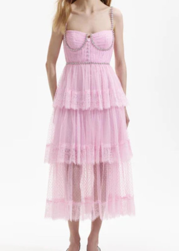 画像1: 【BLACKPINK ジス着用】 Self Portrait セルフポートレート Pink Dot Mesh Tier Midi Dress  12133 (1)