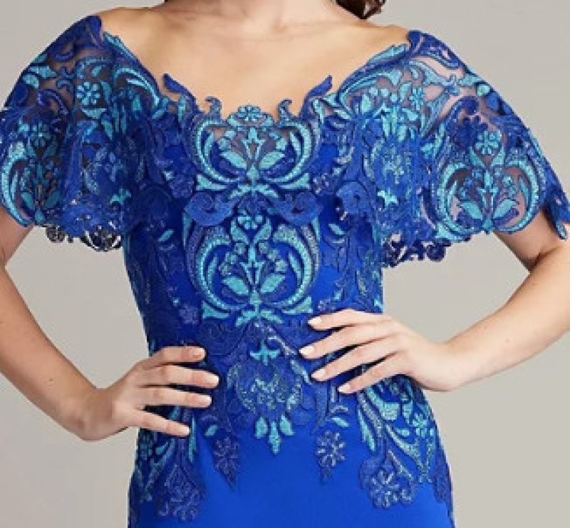 画像4: Tadashi Shoji タダシショージ  Deming Ruffled Sleeve Illusion Gown　ブルー系  12068 (4)