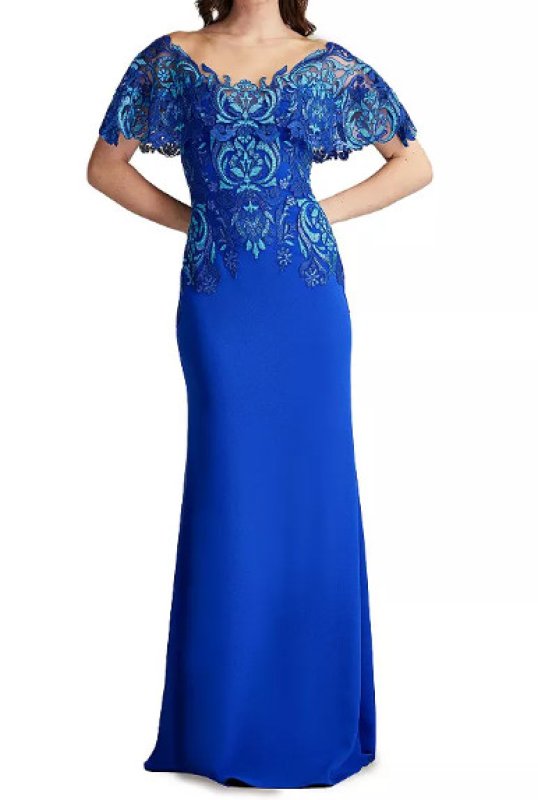 画像1: Tadashi Shoji タダシショージ  Deming Ruffled Sleeve Illusion Gown　ブルー系  12068 (1)