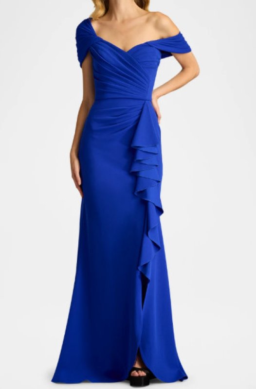 画像1: 限定セール！【宇垣美里さん着用】Tadashi Shoji タダシショージ  　DREA WATERFALL FLOUNCE GOWN 　ブルー (1)