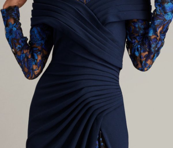 画像3:  Tadashi Shoji  タダシショージ Basel Pleated Crepe Illusion Gown ネイビー系 (3)