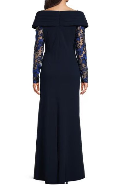 画像2:  Tadashi Shoji  タダシショージ Basel Pleated Crepe Illusion Gown ネイビー系 (2)
