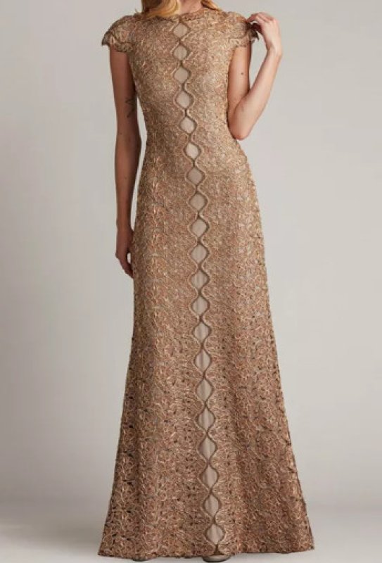 画像1:  Tadashi Shoji  タダシショージ　Etters Scalloped Illusion Gown ゴールド、ベージュ  08102 (1)