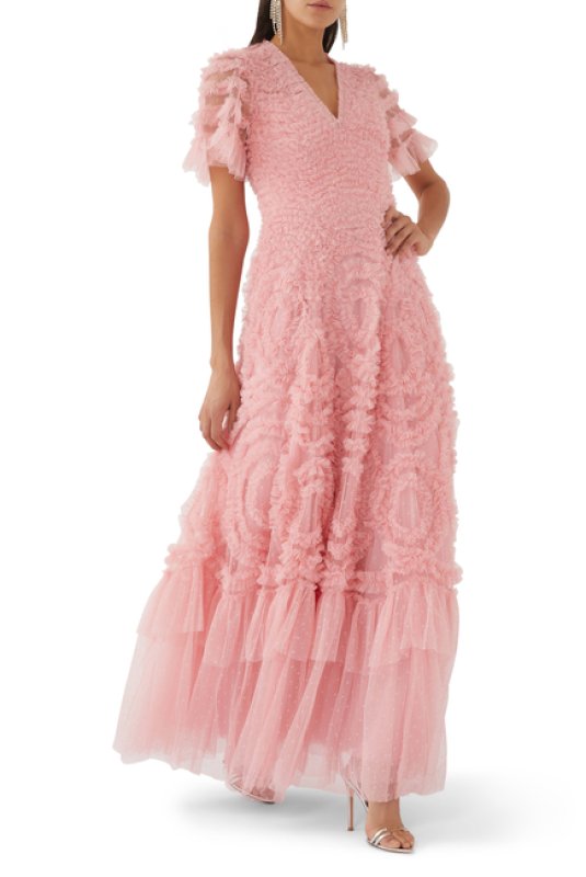 画像1: Needle & Thread ニードル&スレッド    Verity Ruffle V-Neck Gown　Rose Quartz  12251 (1)