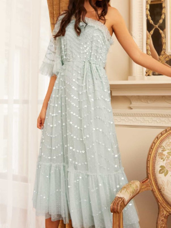 画像1: セール！Needle & Thread ニードル&スレッド　Shimmer Wave Gloss One-Shoulder Ballerina Dress　グリーン系  01071 (1)