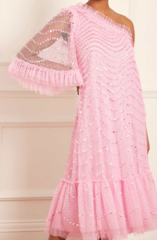 画像1: セール！Needle & Thread ニードル&スレッド　Shimmer Wave Gloss One-Shoulder Ballerina Dress　ピンク (1)