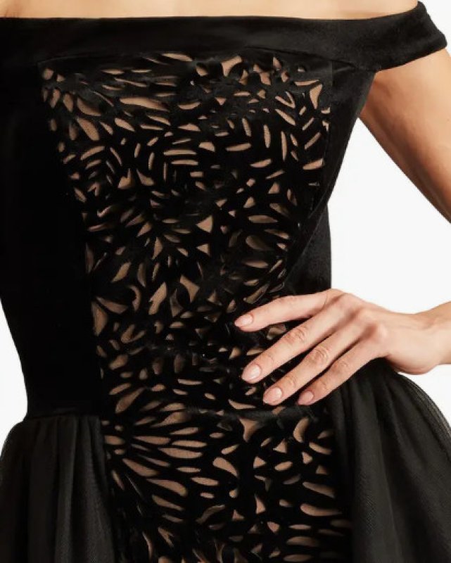 画像4: Tadashi Shoji  タダシショージ　Valencia Laser Cut Velvet & Tulle Dress  ブラック (4)