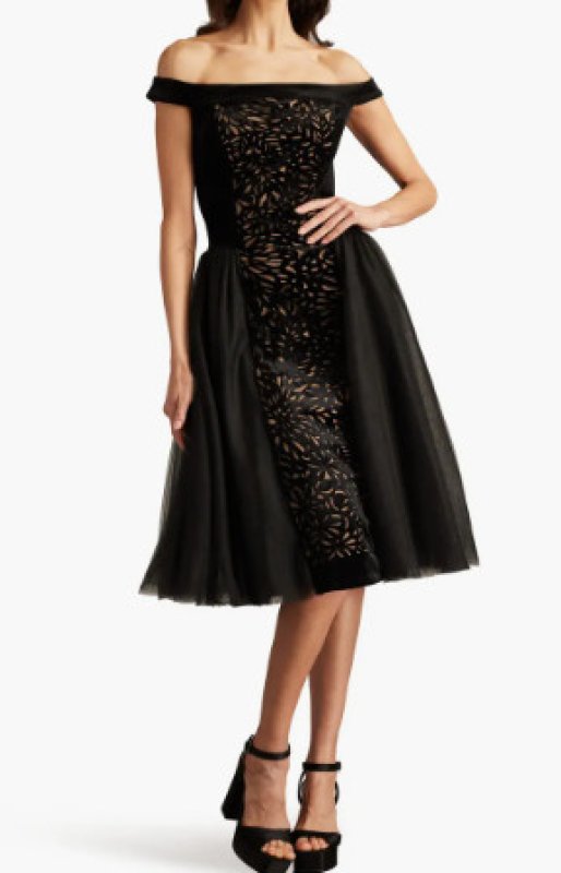 画像1: Tadashi Shoji  タダシショージ　Valencia Laser Cut Velvet & Tulle Dress  ブラック (1)