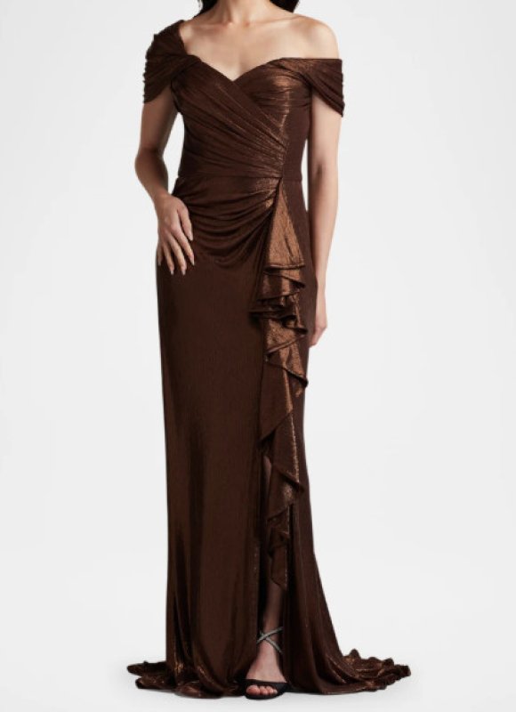 画像1: セール！Tadashi Shoji タダシショージ  　Drea Metallic Waterfall Flounce Gown ブラウン系  08241 (1)