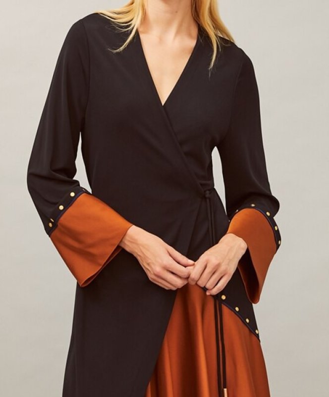 画像3: ドラマ【愛の不時着】使用！Tory Burch トリーバーチ　MIXED-MATERIAL WRAP DRESS ブラック、ブラウン系  01201 (3)