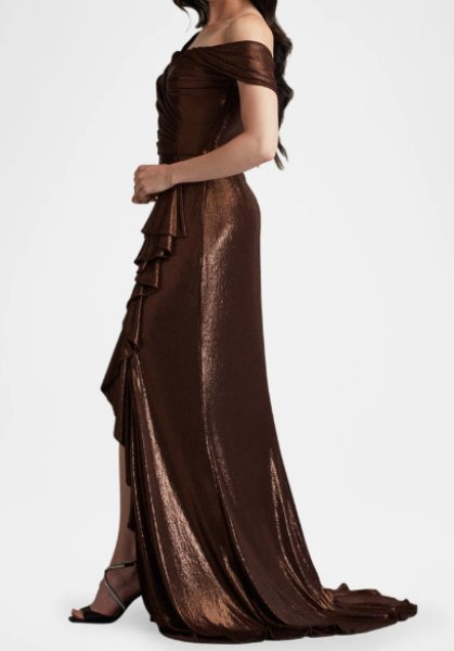 画像3: セール!Tadashi Shoji タダシショージ   Drea Metallic Waterfall Flounce Gown ブラウン系  08241 (3)