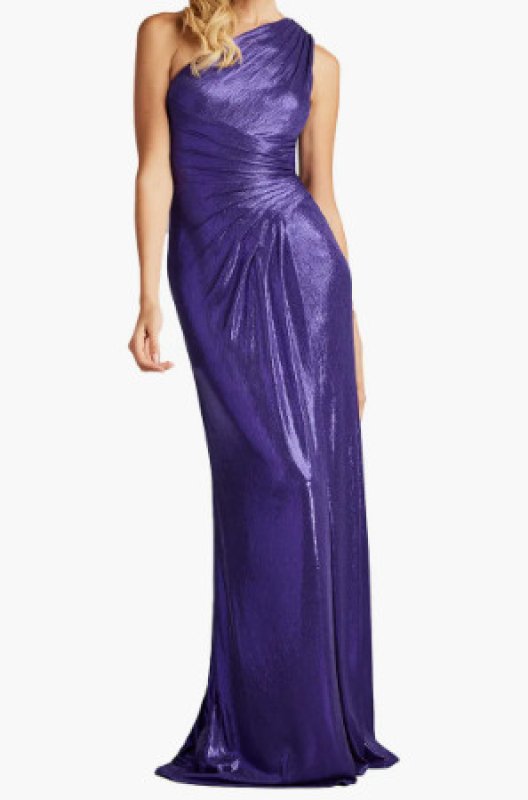 画像1: Tadashi Shoji タダシショージ 　Gaelia　ワンショルダードレープメタリックドレス　パープル系  06222 (1)