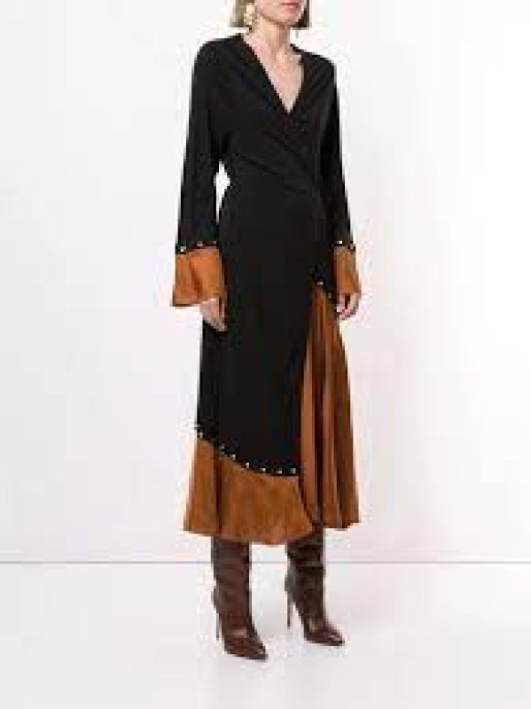 画像1: ドラマ【愛の不時着】使用！Tory Burch トリーバーチ　MIXED-MATERIAL WRAP DRESS ブラック、ブラウン系  01201 (1)