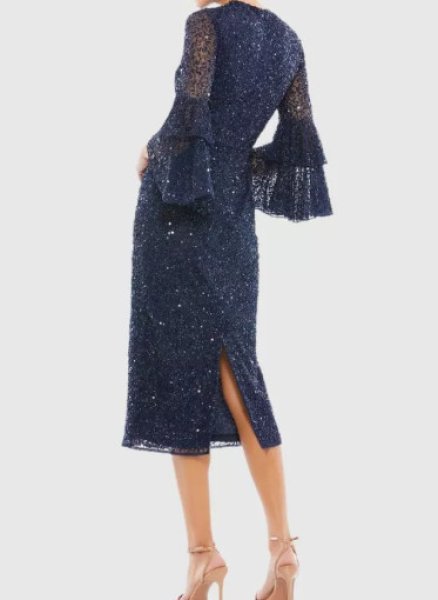 画像2: セール!Mac Duggal マックドゥガル Sequined Ruffle Tiered 3/4 Sleeve Midi Dress ネイビー  01171 (2)