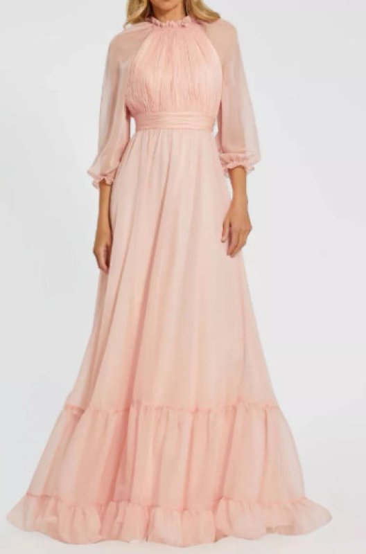 画像1: セール！Mac Duggal マックドゥガル　Chiffon Ruched Illusion Raglan Sleeve Ruffled Gown ピンク  01282 (1)