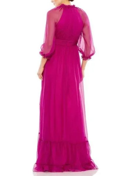 画像2: セール!Mac Duggal マックドゥガル Chiffon Ruched Illusion Raglan Sleeve Ruffled Gown マジェンタ (2)