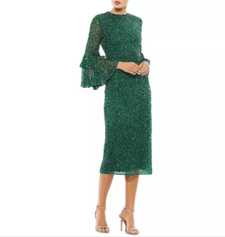 画像1: セール！Mac Duggal マックドゥガル　Sequined Ruffle Tiered 3/4 Sleeve Midi Dress グリーン  01171 (1)