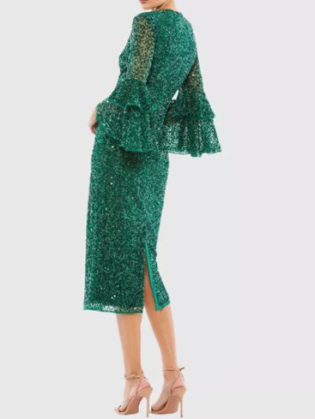 画像2: セール!Mac Duggal マックドゥガル Sequined Ruffle Tiered 3/4 Sleeve Midi Dress グリーン  01171 (2)
