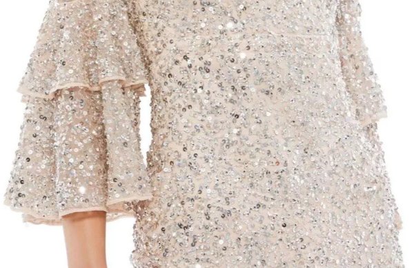画像2: セール!Mac Duggal マックドゥガル Sequined Ruffle Tiered 3/4 Sleeve Midi Dress ヌード  01171 (2)
