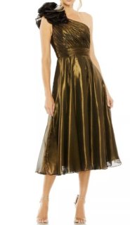 【新品・未使用】マックドゥガル★ロゼットワンショルダードレス　ミディ丈　シルバー Mac Duggal マックドゥガル One-Shoulder Rosette Iridescent