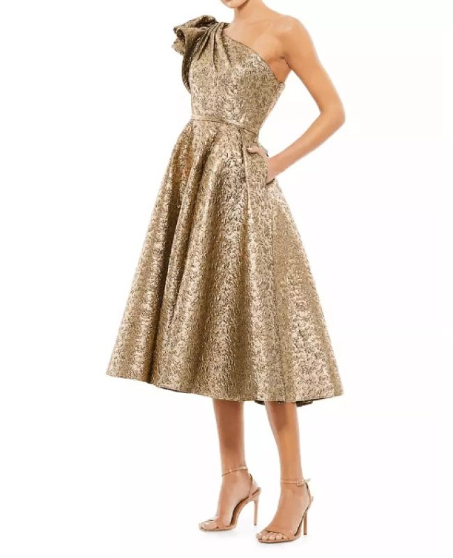 画像1: セール！Mac Duggal マックドゥガル　Gold Metallic One SHOULDER MIDI BROCADE DRESS  08103 (1)