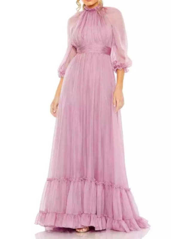 画像1: セール！Mac Duggal マックドゥガル　Chiffon Ruched Illusion Raglan Sleeve Ruffled Gown ライラック  01282 (1)