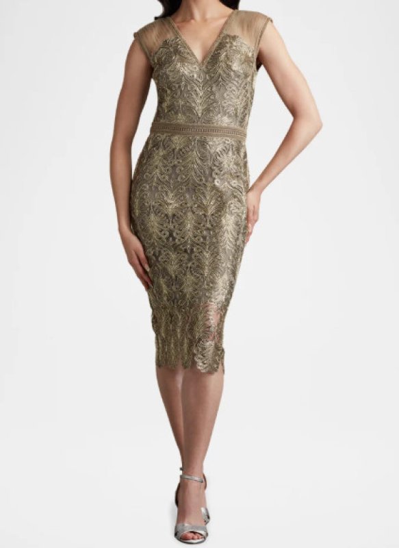 画像1: Tadashi Shoji タダシショージ   　EVONNE SEQUIN EMBROIDERED DRESS ゴールド、シルバー系  12144 (1)