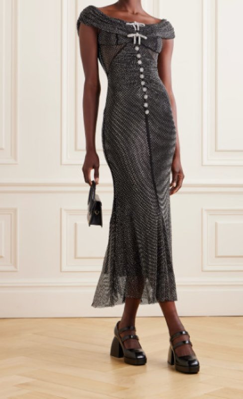 画像1: 【パリスヒルトン愛用】Self Portrait　セルフポートレート　Off-the-shoulder crystal-embellished fishnet  midi dress (1)