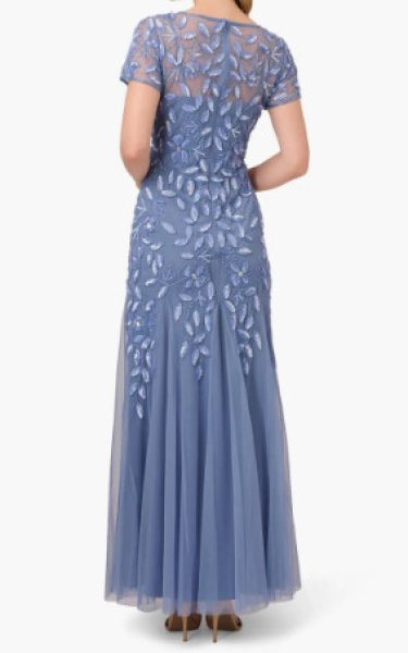 画像2: Adrianna Papell アドリアナパペル Hand Beaded Short Sleeve Floral Godet Gown French Blue (2)