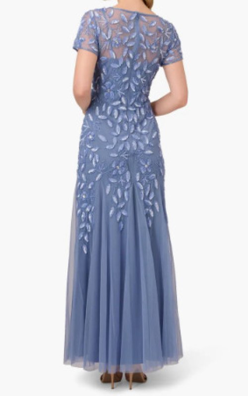 画像2: Adrianna Papell アドリアナパペル　Hand Beaded Short Sleeve Floral Godet Gown　French Blue (2)