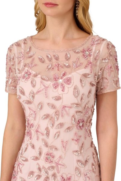 画像3: Adrianna Papell アドリアナパペル Hand Beaded Short Sleeve Floral Godet Gown BLUSH (3)