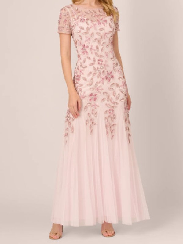 画像1: Adrianna Papell　アドリアナパペル　Hand Beaded Short Sleeve Floral Godet Gown　BLUSH (1)