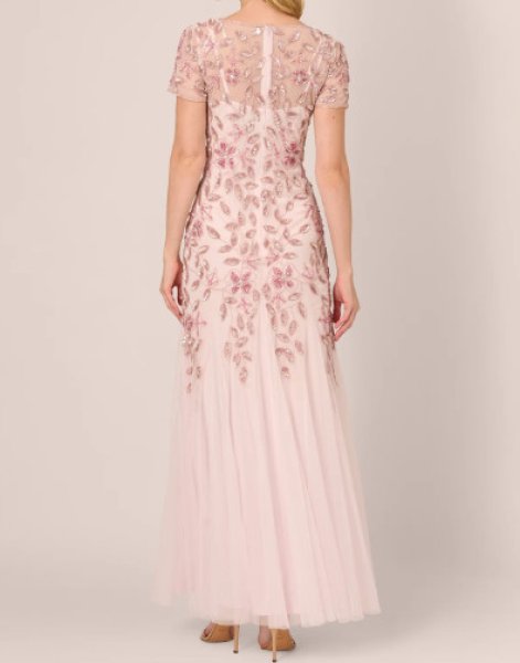 画像2: Adrianna Papell アドリアナパペル Hand Beaded Short Sleeve Floral Godet Gown BLUSH (2)