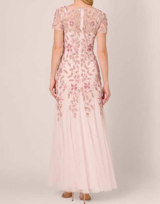 画像2: Adrianna Papell　アドリアナパペル　Hand Beaded Short Sleeve Floral Godet Gown　BLUSH (2)