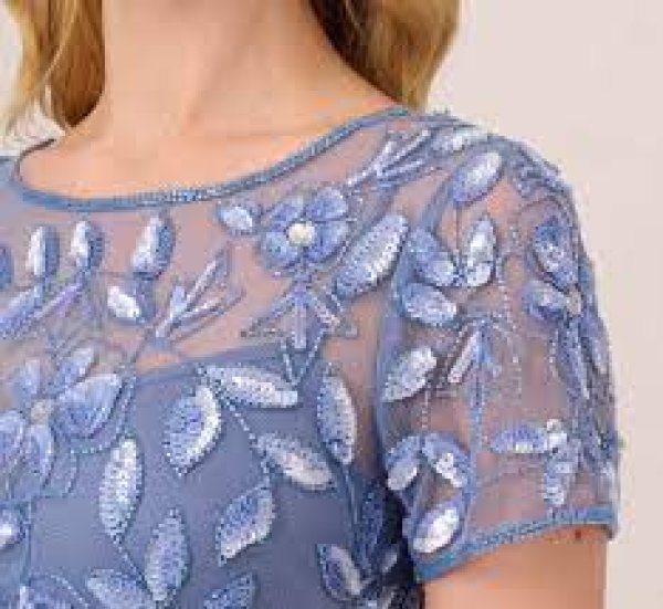 画像3: Adrianna Papell アドリアナパペル Hand Beaded Short Sleeve Floral Godet Gown French Blue (3)