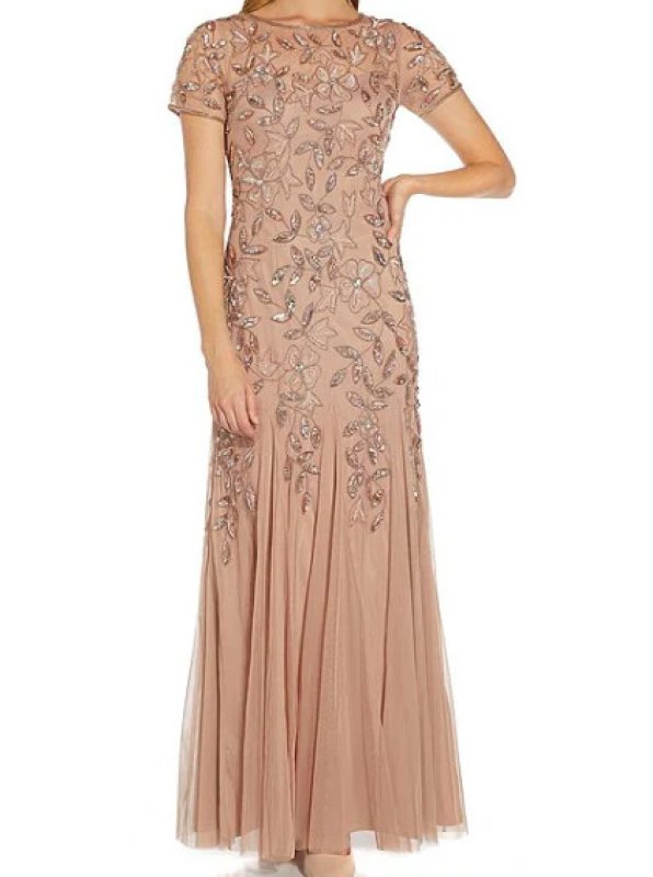 画像1: Adrianna Papell アドリアナパペル　Hand Beaded Short Sleeve Floral Godet Gown　Rose Gold (1)
