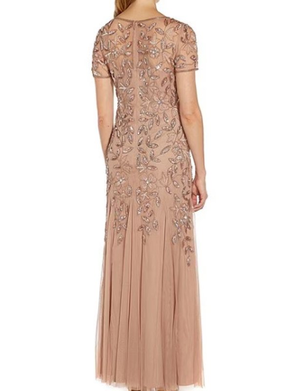 画像2: Adrianna Papell アドリアナパペル　Hand Beaded Short Sleeve Floral Godet Gown　Rose Gold (2)