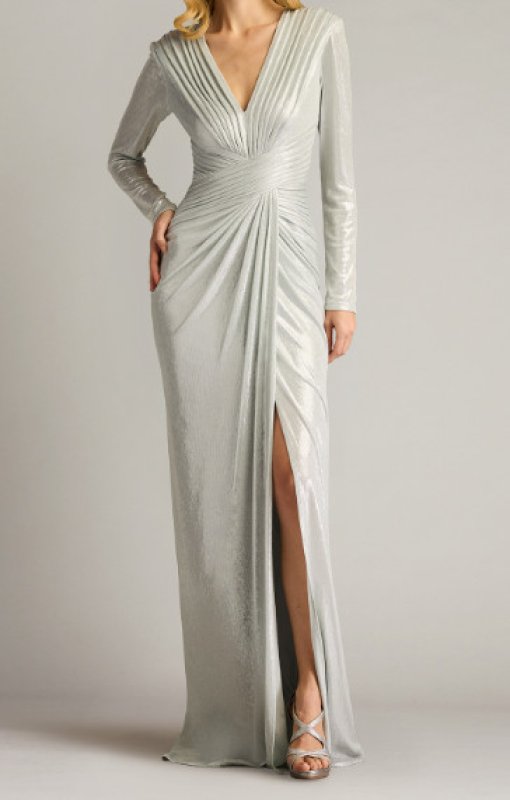 画像1: Tadashi Shoji タダシショージ  　Jonise メタリックプリーツロングドレス　シルバー系  06221 (1)