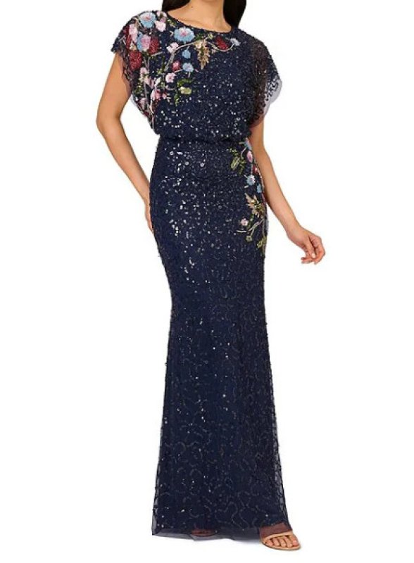 画像1: Adrianna Papell アドリアナパペル　Beaded Sequin Mesh Floral Gown  05203 (1)