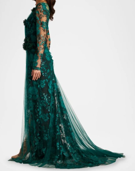 画像3:  限定セール!Tadashi Shoji  タダシショージ Silvia Embroidered Illusion Gown グリーン (3)